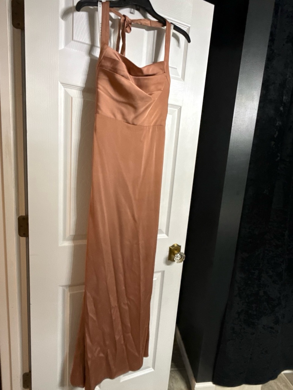 Azazie Halter Maxi Bridesmaid Dress in color Bronzer